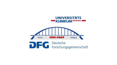 A combined logo featuring a stylized blue bridge labeled “Starter” on the left, “IMM-PACT” in red at the center, and “Bridging” on the right. Above the bridge is the text “Universitätsklinikum Freiburg,” and below is the “DFG Deutsche Forschungsgemeinschaft” logo.
